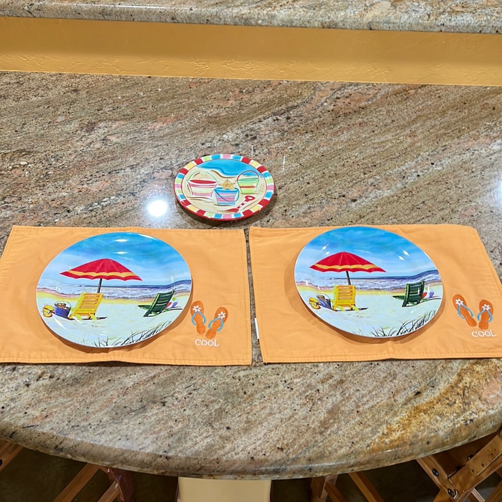 Flip flop orange placemats and plastic beach plates and appetizer plate